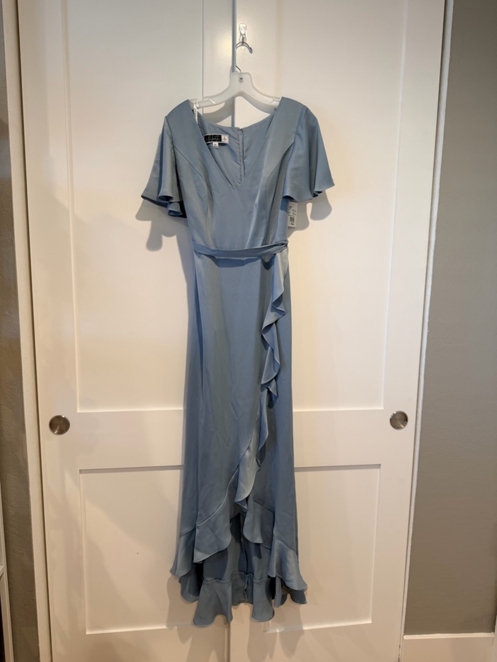 NWT David's Bridal Light Blue Ruffle Wrap Maxi Dress